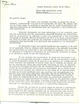 Carta de Perón sobre el apoyo peronista a Frondizi