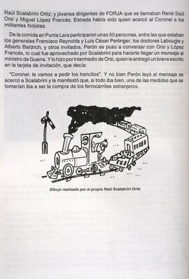 Página de libro con la anécdota de los trencitos y un dibujo de Scalabrini