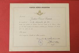Certificado de otorgamiento de la Medalla de Plata recordativa, Fuerza Aérea Argentina